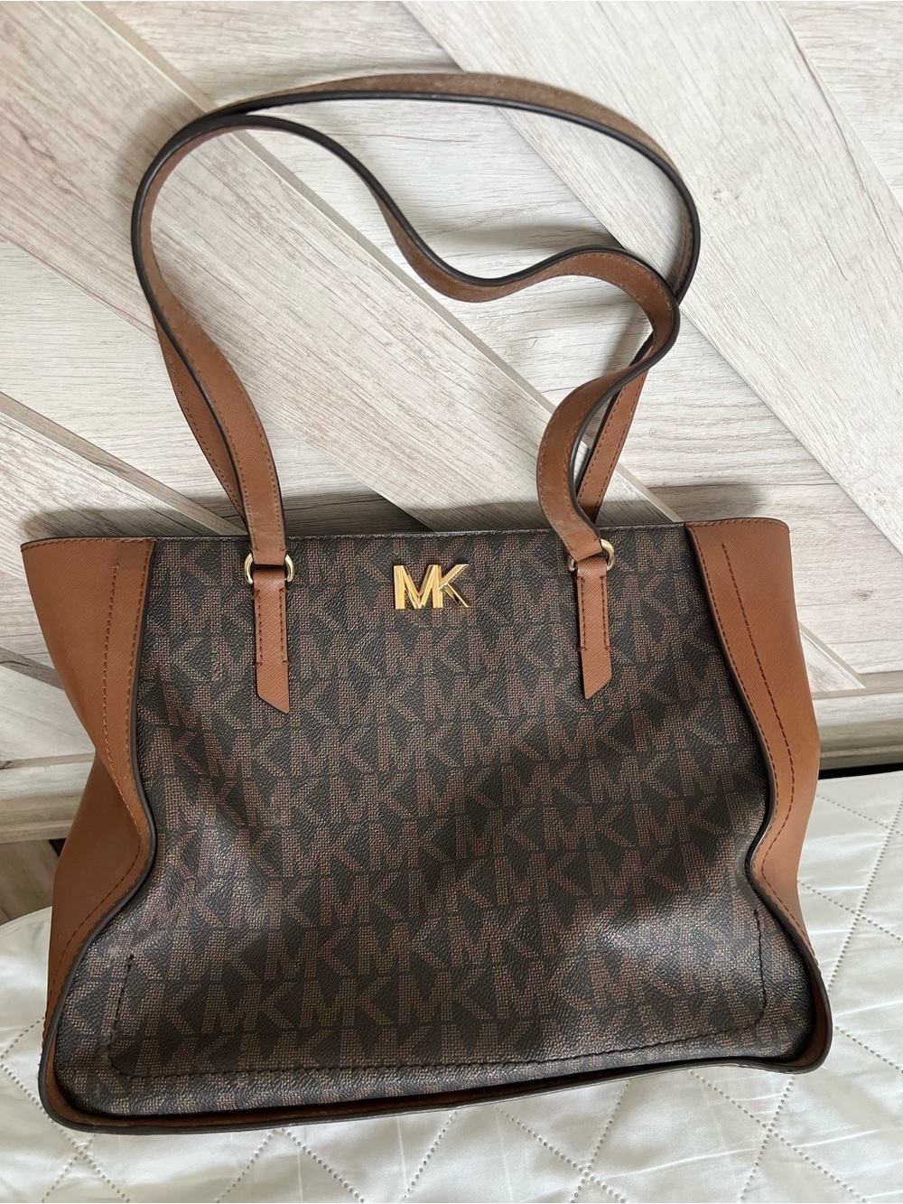 Michael Kors Brown MK Logo Tote with Tan Leather Accents